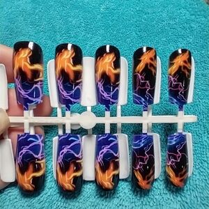 Orange black purple lightning press on nails set